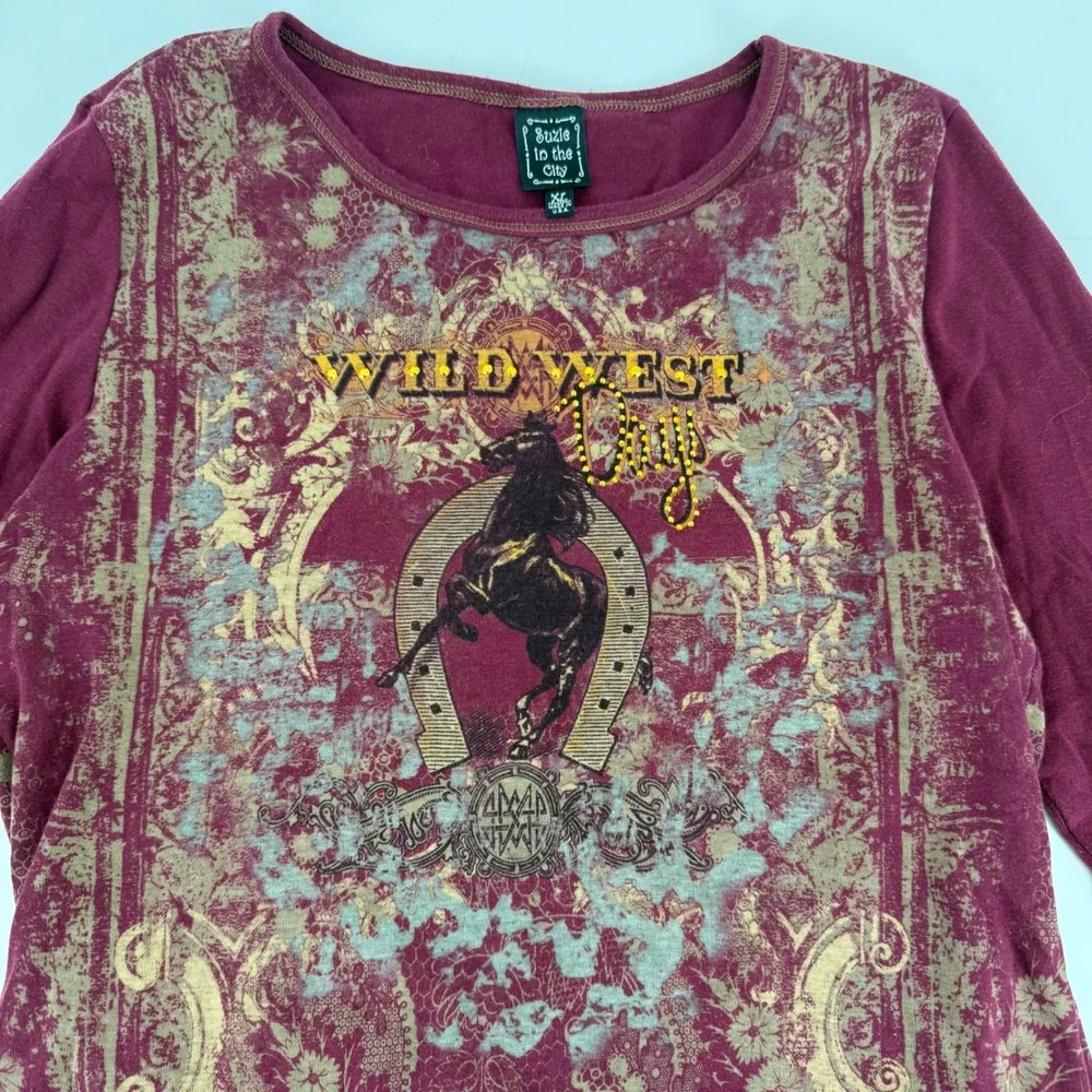 Y2K Wild West Horse Tee Rhinestone Maroon USA Suzie in the City Womens XL‎